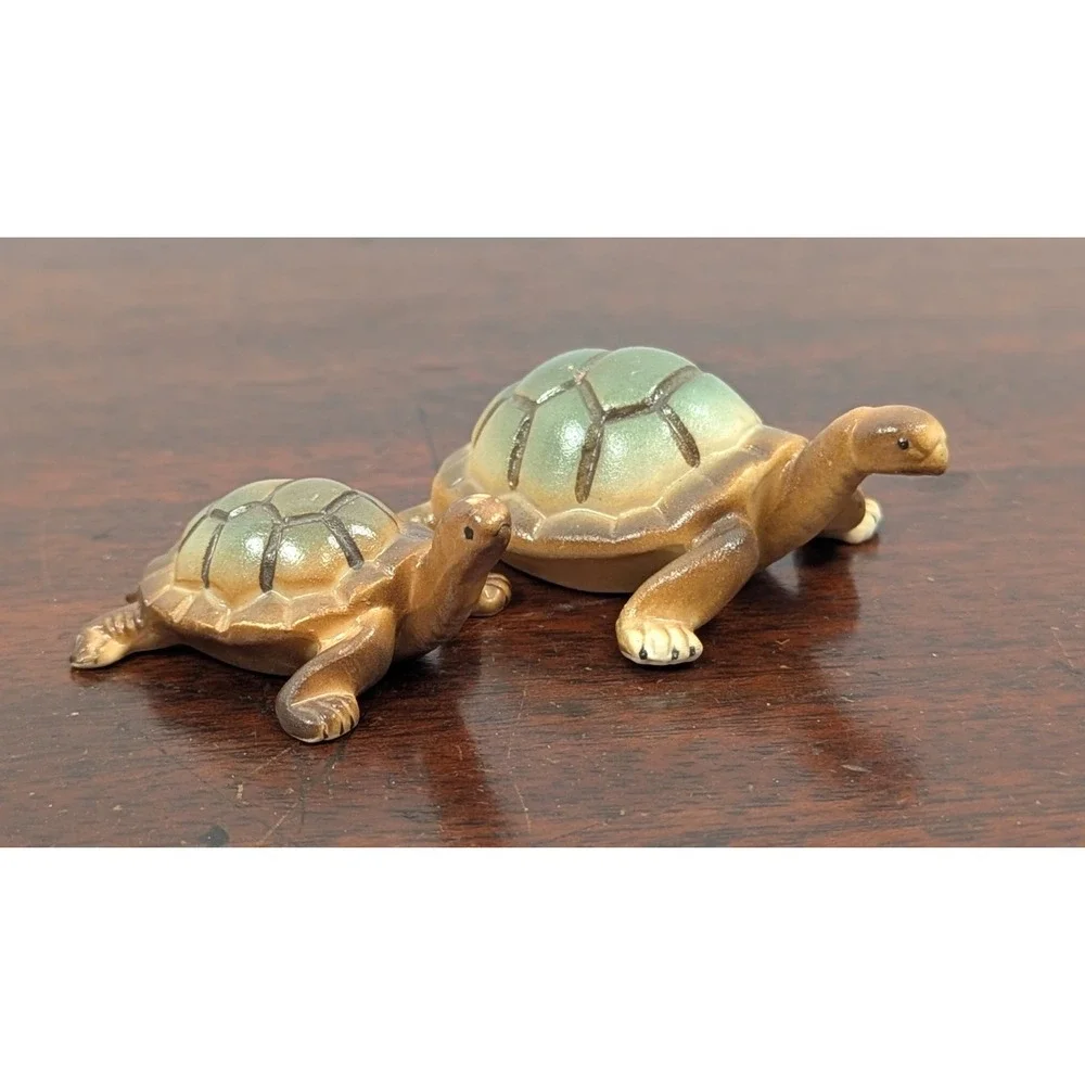 Vintage Pair Miniature Ceramic Turtle Figurines Green Brown Tortoise Decor